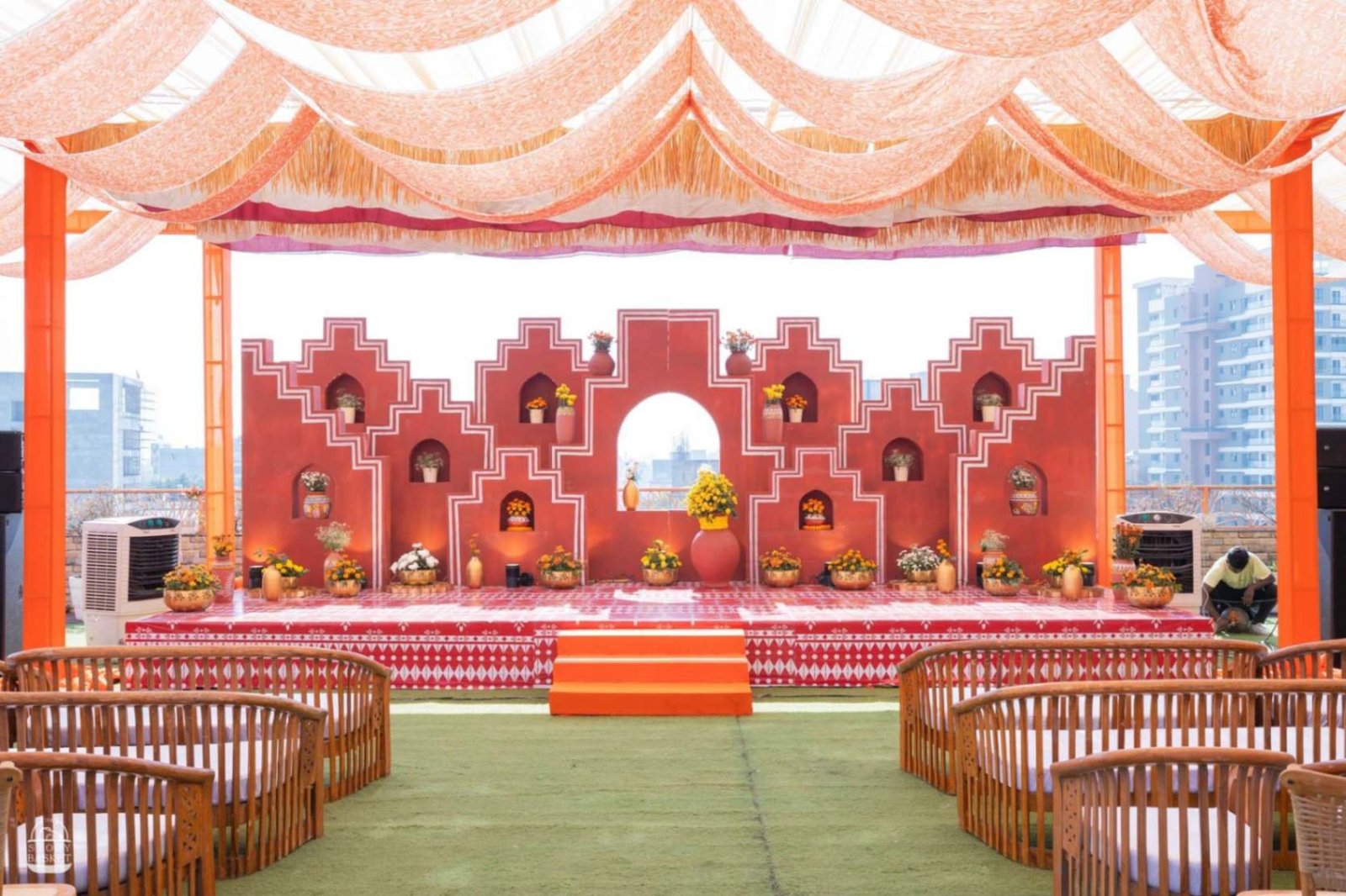 Illuminated venue entrance at a Shaadi Shenanigans wedding